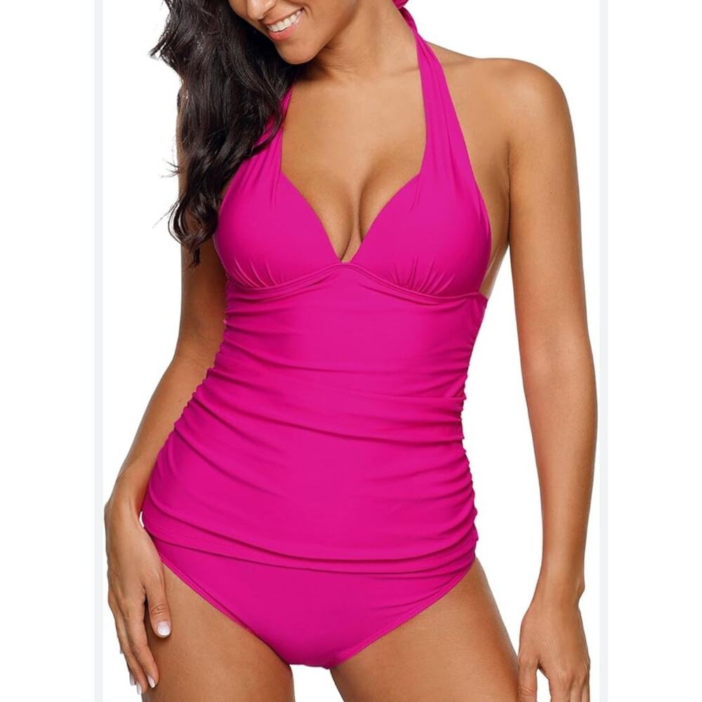 Lauren Ralph Women's One Piece Swimsuit Pink Beach Club Halter Tummy Control
